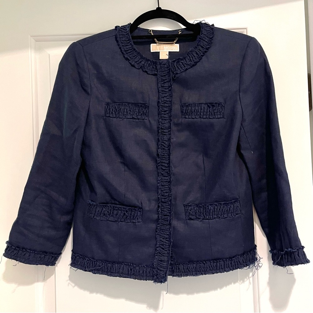 MICHAEL Michael Kors Navy Blue Linen Cropped Fringe/Frayed Jacket Size 4